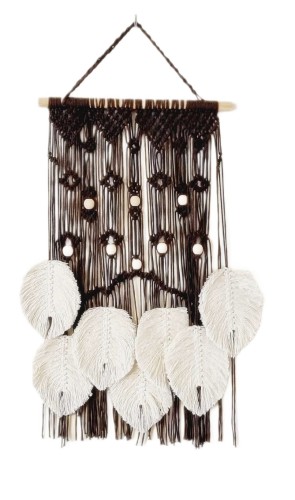 Makrama ciemny brąz białe liście w stylu Rustic