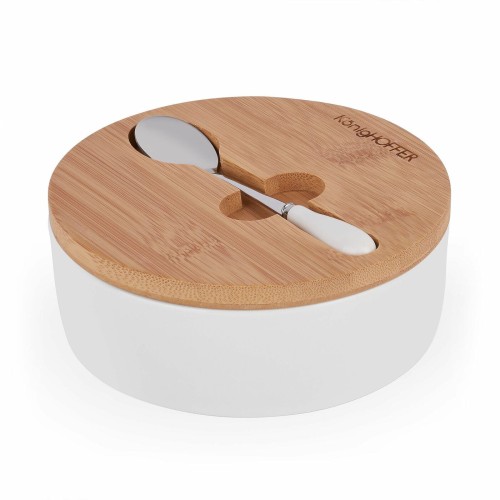 Cukiernica porcelanowa z bambusową pokrywką i łyżeczką 350ml biała