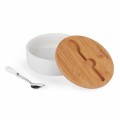 Cukiernica porcelanowa z bambusową pokrywką i łyżeczką 350ml biała 14256