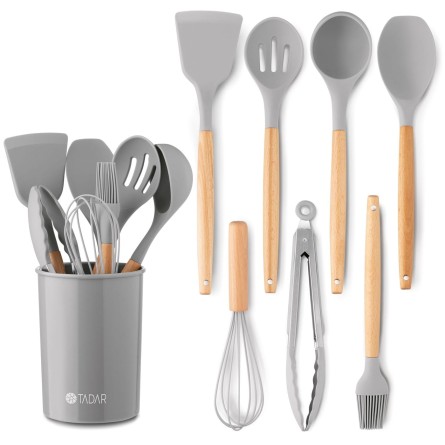 Zestaw 7 przyborów kuchennych silikonowych w stojaku szary