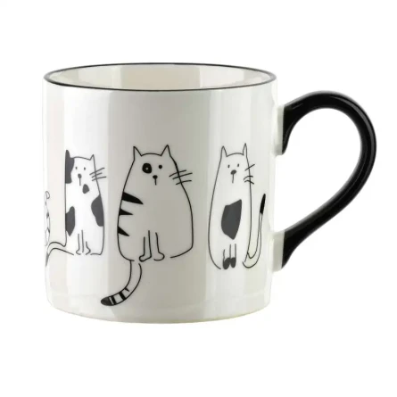 Kubek porcelanowy do kawy i herbaty motyw koty biało-czarny 370ml