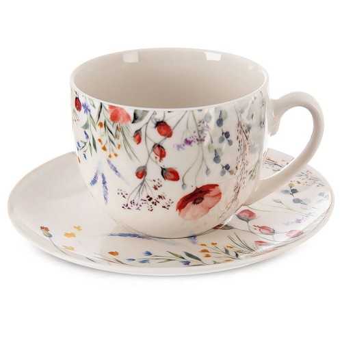 Filiżanka ze spodkiem do kawy herbaty porcelanowa biała maki 260ml