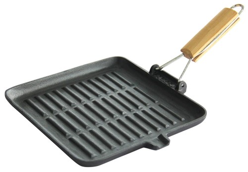 Patelnia żeliwna grillowa z drewnianą rączką 24 cm
