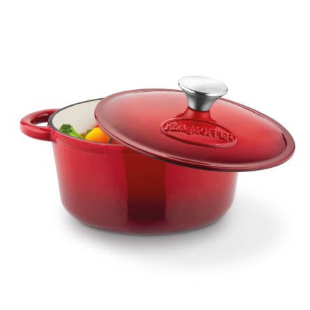 Gęsiarka okrągła żeliwna brytfanna emaliowana z pokrywą czerwona