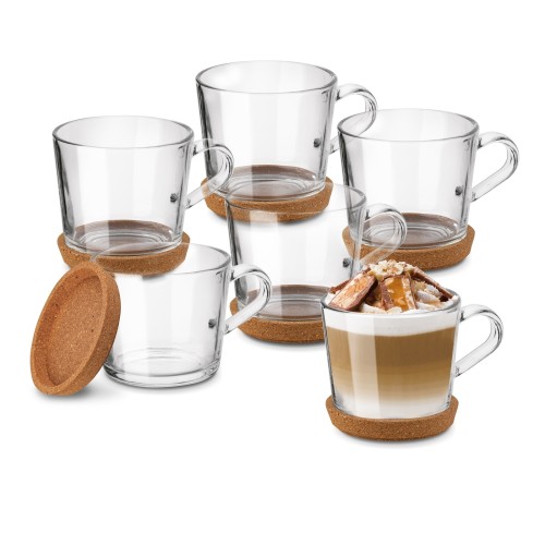 Komplet 6 kubków szklanych do kawy i herbaty z podkładkami 450ml