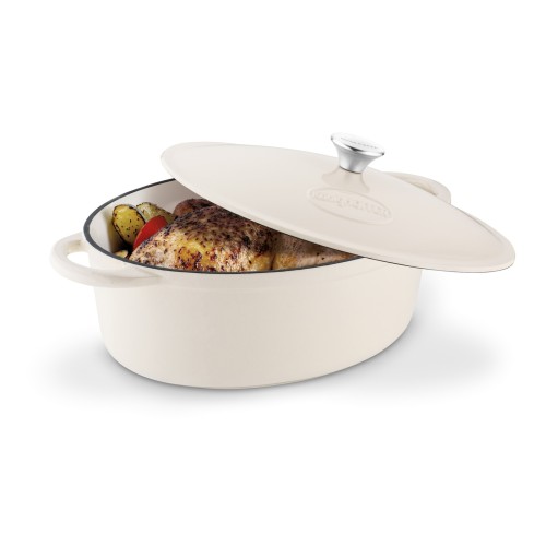 Gęsiarka na gaz indukcję duża żeliwna emaliowana z pokrywą kremowa