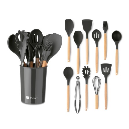 Zestaw 11 przyborów kuchennych silikonowych w stojaku z bambusowymi rączkami 