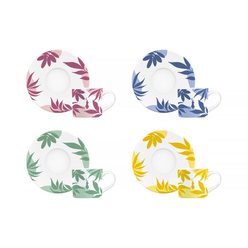 Komplet 4 filiżanek ze spodkami porcelanowe kolorowe 90ml