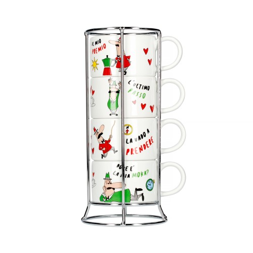 Zestaw 4 filiżanek porcelanowych do cappuccino na stojaku bialetti