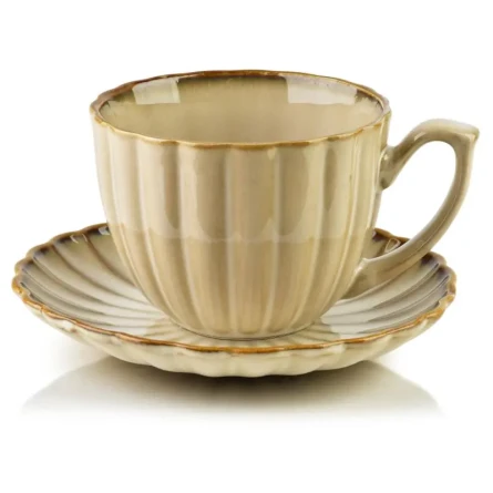 Filiżanka ze spodkiem do kawy i herbaty porcelanowa beżowa 300ml