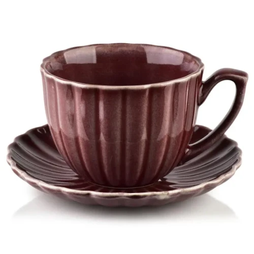Filiżanka ze spodkiem do kawy i herbaty porcelanowa bordowa 300ml
