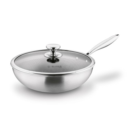 Wok nowoczesny nierdzewny z pokrywką szklaną srebrny 30cm
