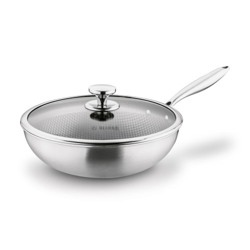 Wok nowoczesny nierdzewny z pokrywką szklaną srebrny 30cm