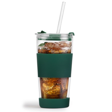 Kubek termiczny szklany ze słomką nowoczesny zielony 600ml