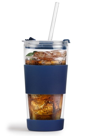 Kubek termiczny szklany ze słomką nowoczesny granatowy 600ml