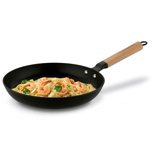 Patelnia żeliwna duża emaliowana z drewnianym uchwytem 28cm